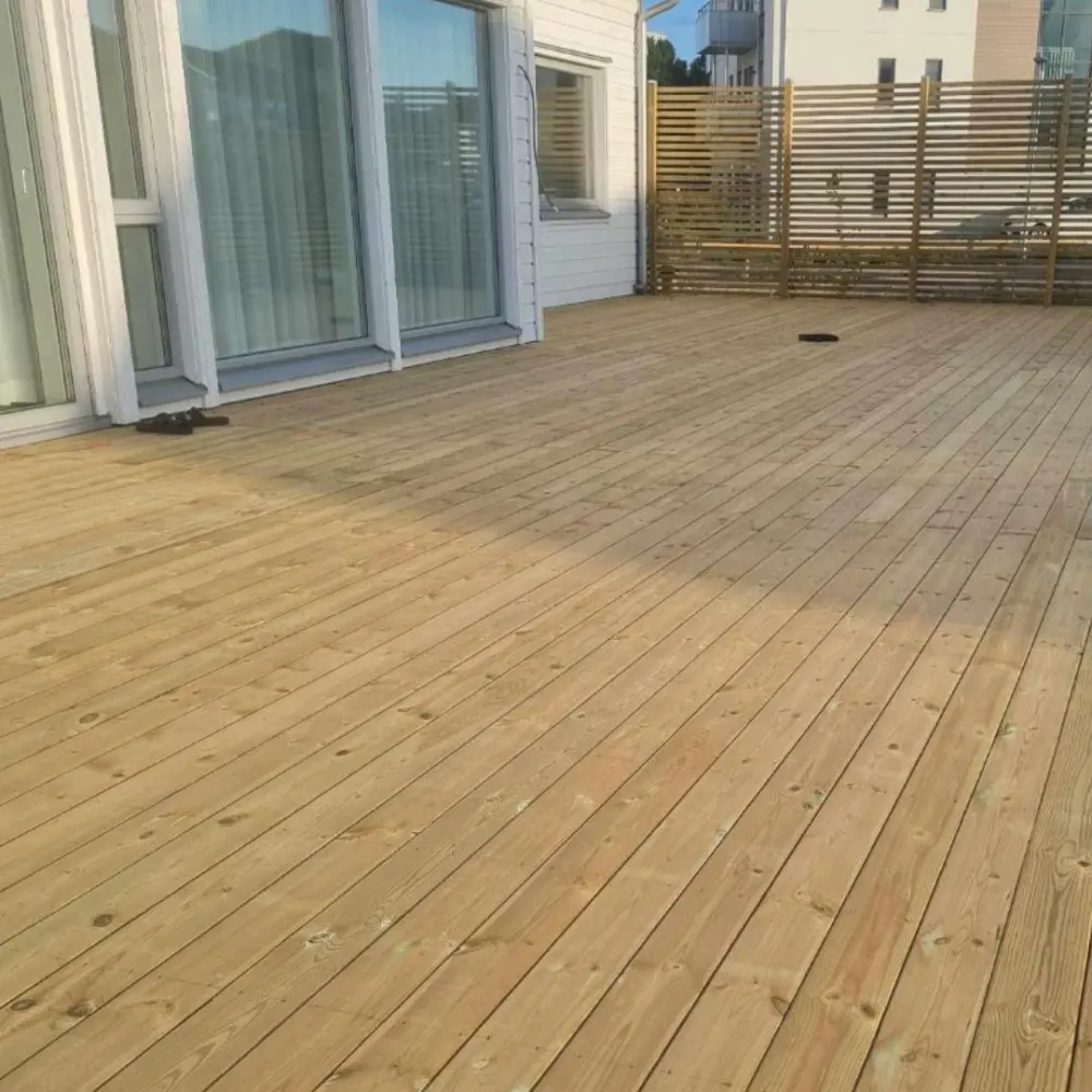 Nylagd stenplattgång vid trähus